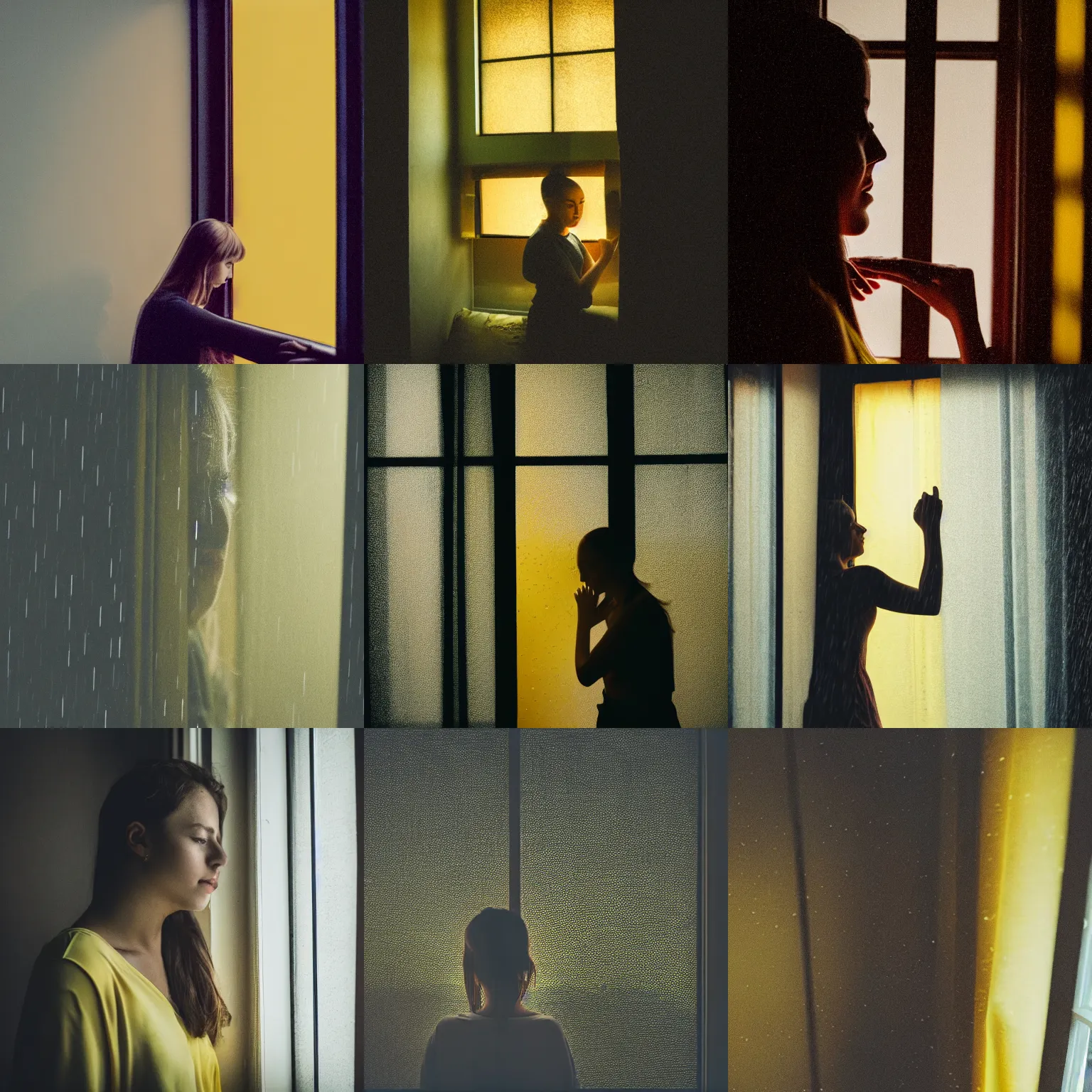 Prompt: a photo of a young woman looking through the window, dark room, soft yellow light, raining outside, early morning
