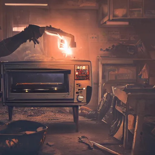 Image similar to cyborg toaster oven repairman, dark messy smoke - filled cluttered workshop, dark, dramatic lighting, orange tint, sparks, plasma rays, cinematic, highly detailed, sci - fi, futuristic, movie still