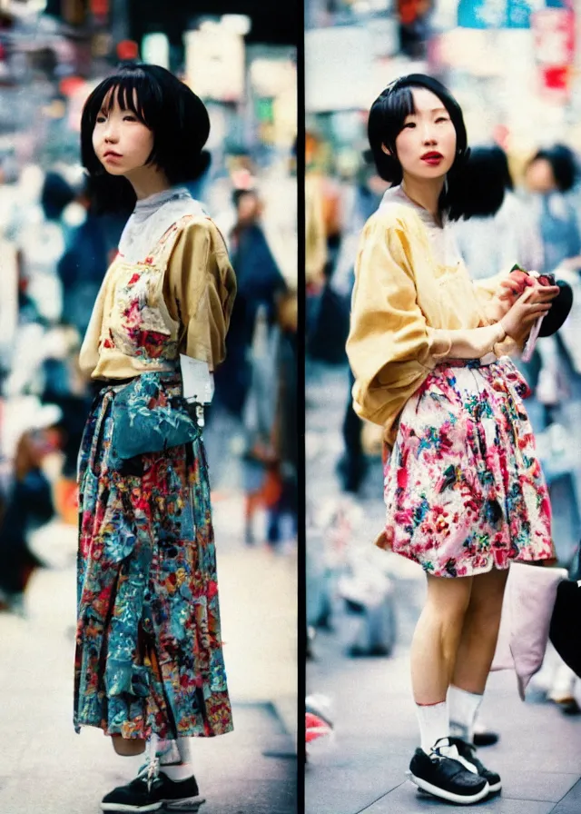 Image similar to a street fashion photograph of a cute japanese woman in 9 0 s fashion, in tokyo akihabara, shot on cinestill 5 0 d with a 3 5 mm at f / 2. 8 lens, print magazine, photorealistic, nineties nostalgia, 4 k