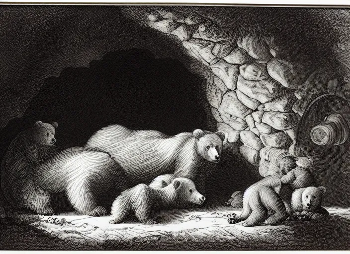 Image similar to Pieter Claesz's 'mother bear and her cubs sleeping in a dark cave', night time, cross hatching, framed