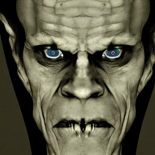 Image similar to willem dafoe as nosferatu, scary eyes, very realistic, digital portrait, moody lighting