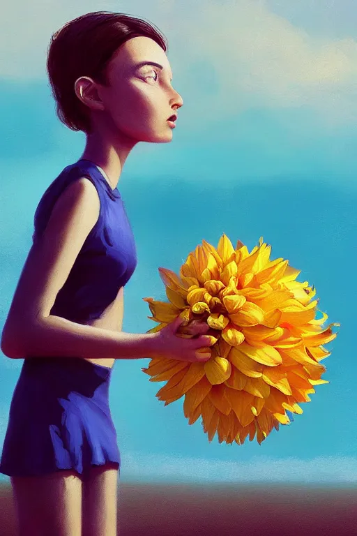 Image similar to closeup girl with huge dahlia flower head, on beach, surreal photography, blue sky, sunrise, dramatic light, impressionist painting, digital painting, artstation, simon stalenhag