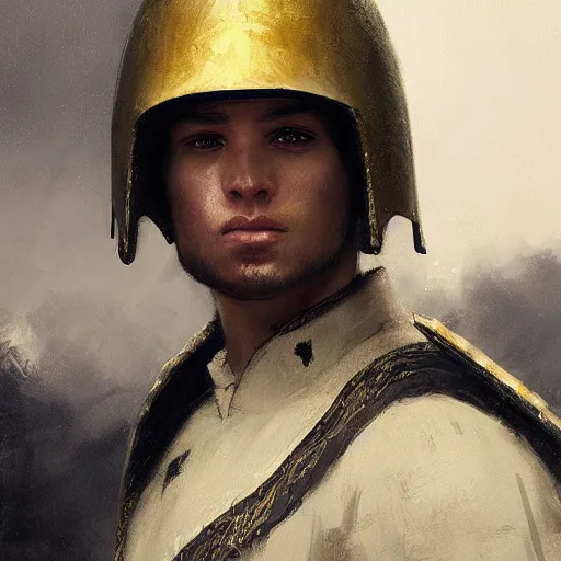 Image similar to Medium closeup young idealistic and pious male Imperial soldier wearing a black tabard with light yellow accents over a gambeson and a barbut helm, by Raymond Swanland Greg Rutkowski Lise Deharm, {perfect face}, {perfect eyes}