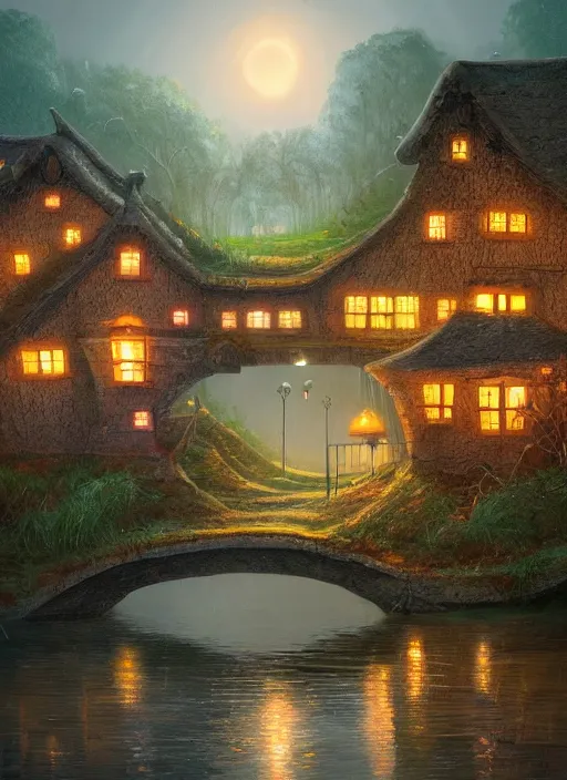 Prompt: painting of a house by a bridge over river at night, a storybook illustration by gediminas pranckevicius, featured on artstation, fantasy art, storybook illustration, artstation hq, atmospheric