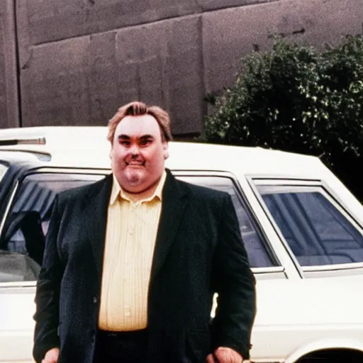 Prompt: John candy standing beside a 1980s American car, portrait, hyperdetailed, hyperrealistic, aesthetic