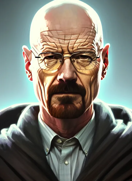 Image similar to portrait of walter white as king, throne, jewelry, greek, amethyst, intricate, headshot, highly detailed, digital painting, artstation, concept art, sharp focus, cinematic lighting, illustration, art by artgerm and greg rutkowski, alphonse mucha, cgsociety