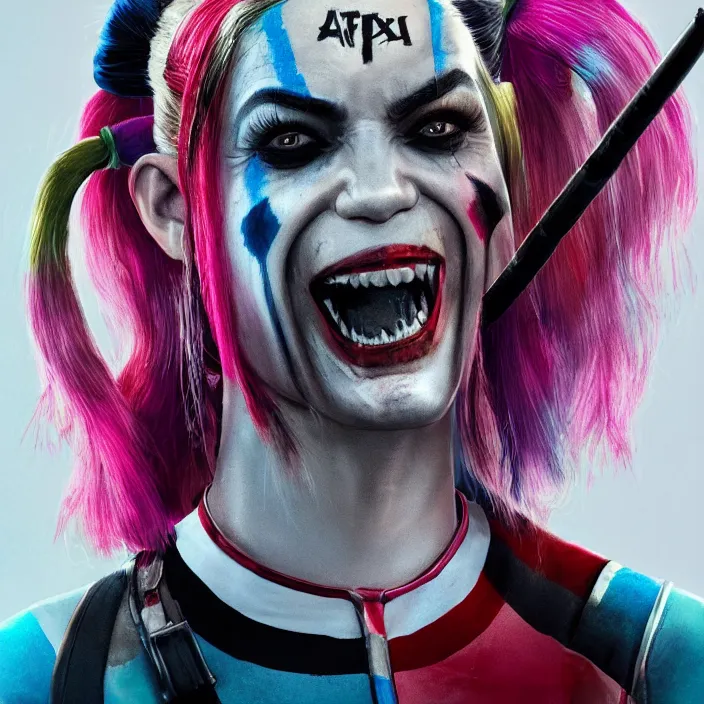 Image similar to portrait of Alexandria Ocasio-Cortez as a harley quinn in Suicide Squad. intricate abstract. intricate artwork. by Tooth Wu, wlop, beeple, dan mumford. octane render, trending on artstation, greg rutkowski very coherent symmetrical artwork. cinematic, hyper realism, high detail, octane render, 8k, iridescent accents