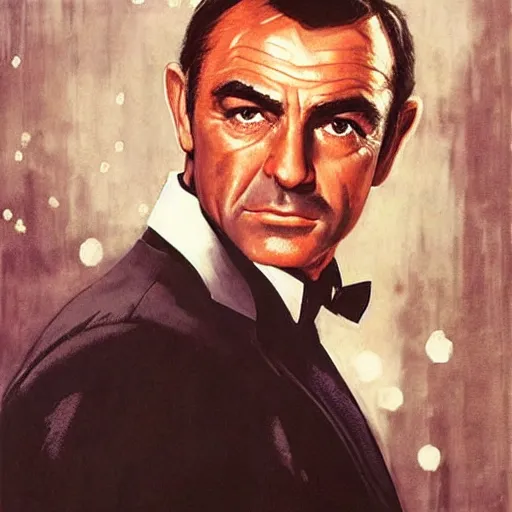 Prompt: “portrait of a young Sean Connery as James Bond, impeccably dressed, by Robert McGinnis”