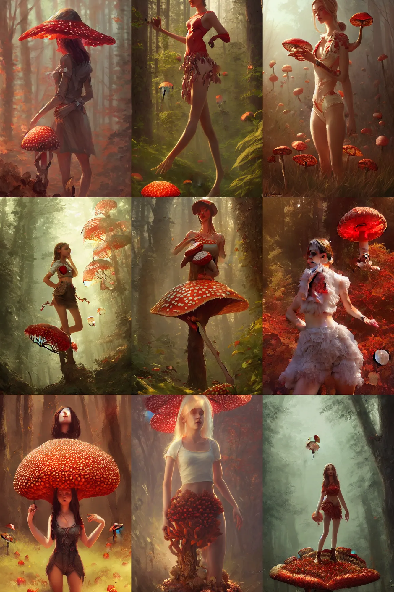 Prompt: girl in an outfit made of fly agaric, full shot, concept art, natural lighting, illustration, full color, highly detailed, photorealistic, by greg rutkowski, artstation,
