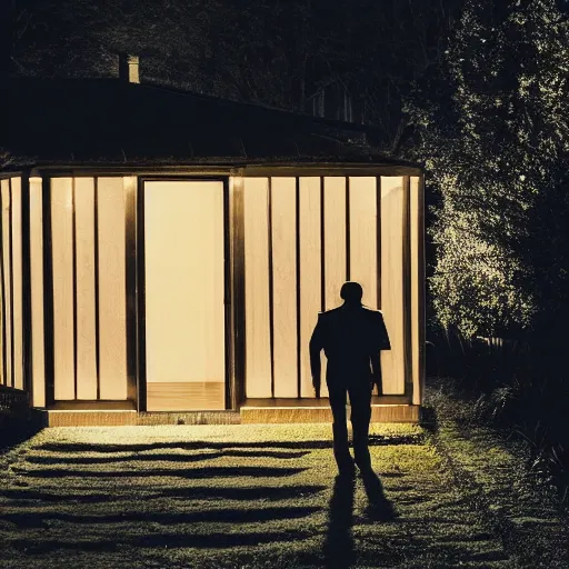 Image similar to A dark photo of two men in a garden at night walking towards a small wooden garden shed