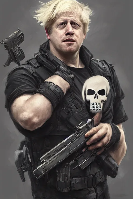 Image similar to a hyper realistic portrait of a Boris Johnson as Punisher, skull image on the vest, highly detailed, digital painting, artstation, concept art, smooth, sharp focus, illustration, cinematic lighting, art by artgerm and greg rutkowski and alphonse mucha