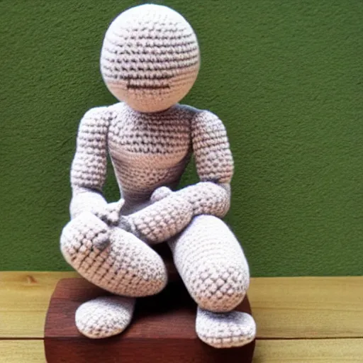 Image similar to amigurumi crocheted toy they looks like the statue the thinker by rodin, sitting on a wooden toy block