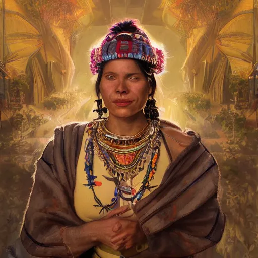 Prompt: an portrait of an happy female inca, detailed, centered, digital painting, artstation, concept art, donato giancola, Joseph Christian Leyendecker, WLOP, Boris Vallejo, Breathtaking, 8k resolution, extremely detailed, beautiful, establishing shot, artistic, hyperrealistic, beautiful face, octane render