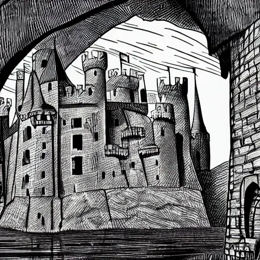Prompt: A medieval castle, Line, sketch, detailed