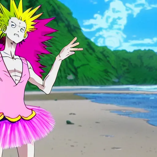 Image similar to hisoka from hunter x hunter wearing a pink tutu ballet dress with a shiny chrome banana in his hand while standing on a rainy beach with girls in colorfull bikini ‘ s in the back, anime style, 4 k, high detail,