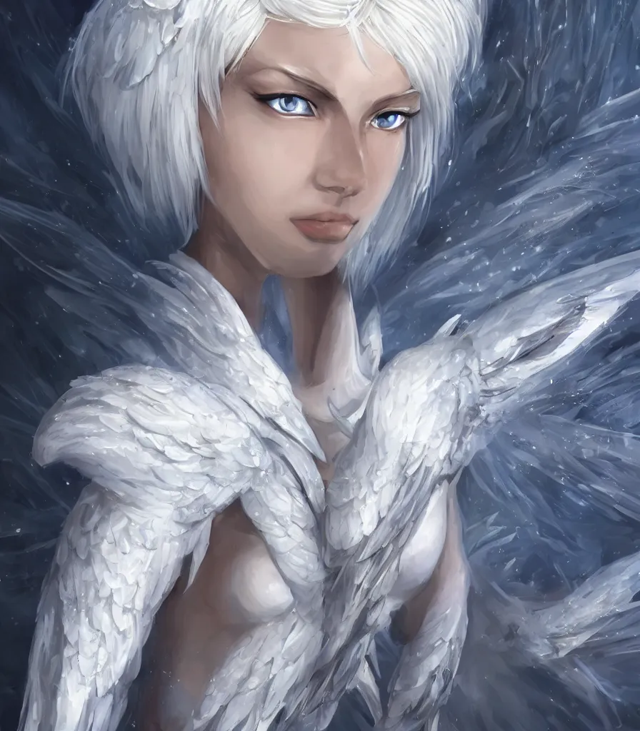 Image similar to perfect white - haired attractive egyptian goddess with large white dove wings, android body, beautiful, symmetric, dreamy, pretty face, blue eyes, detailed, scifi platform, laboratory, experiment, 4 k, ultra realistic, epic lighting, illuminated, cinematic, masterpiece, art by akihito tsukushi, voidstar