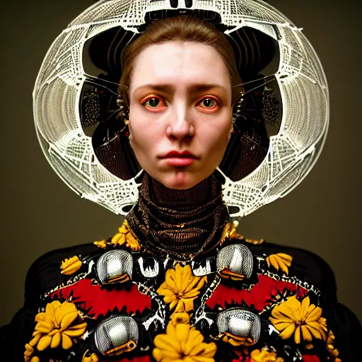 Prompt: Caravaggio style full body Photography of Highly detailed beautiful Woman with 1000 years detailed face and wearing detailed Ukrainian folk costume designed by Taras Shevchenko also wearing highly detailed retrofuturistic sci-fi Neural interface designed by Josan Gonzalez. Many details In style of Josan Gonzalez and Mike Winkelmann and andgreg rutkowski and alphonse muchaand and Caspar David Friedrich and Stephen Hickman and James Gurney and Hiromasa Ogura. Rendered in Blender and Octane Render volumetric natural light