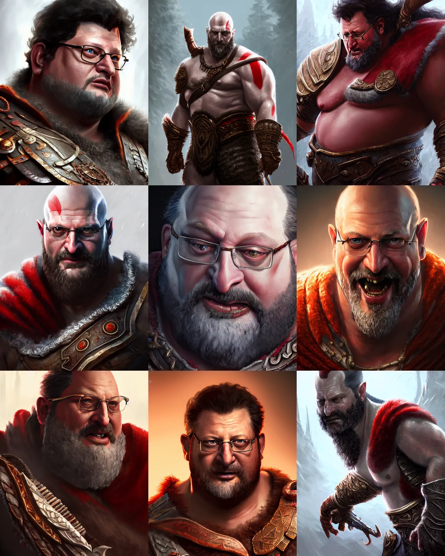 Prompt: a highly detailed illustration of wayne knight in god of war, intricate, elegant, highly detailed, centered, digital painting, artstation, concept art, smooth, sharp focus, league of legends concept art, wlop