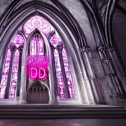 Image similar to A beautiful gothic cathedral with a pink neon sign spelling the word ODOO in rounded lowercase letters above its door, dramatic lighting, photorealistic