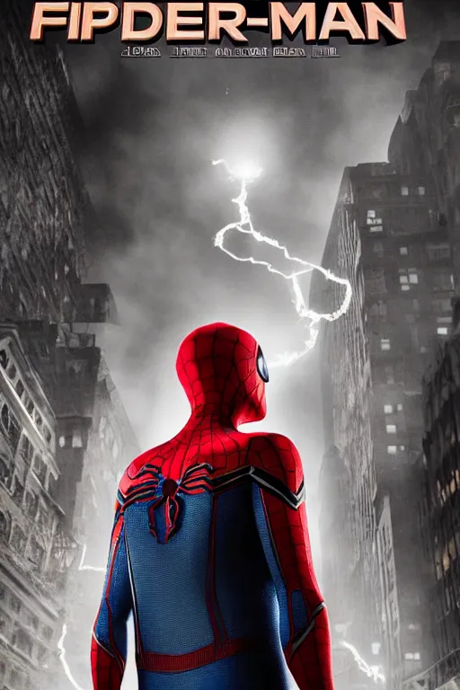 Image similar to spider-man in a trench coat, character poster, dramatic lighting, atmospheric dust, intense lens flare, hazy 1920s city backdrop, noir film