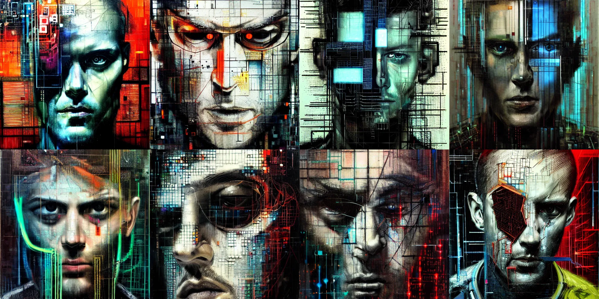 Prompt: hyperrealistic portrait of a cyberpunk man, by Guy Denning, Johannes Itten, Russ Mills, hacking effects, detailed lines, network, cybernetics, cables, computation, technological, color blocking!, acrylic on canvas, insane detail, front view, symmetrical, octane, concept art, abstract, artistic, 8k, cinematic, trending on artstation