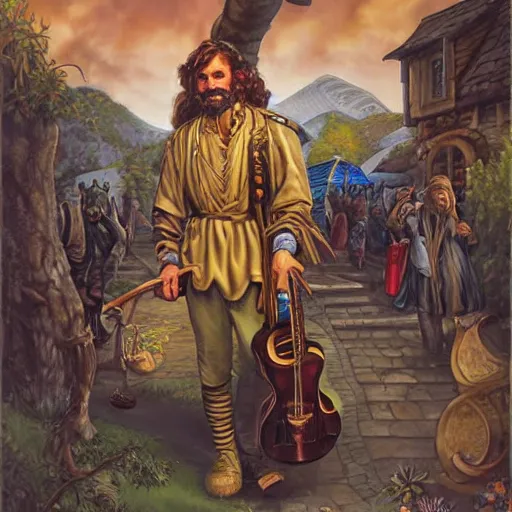 Image similar to Travelling bard wandering the town, by Joe Jusko