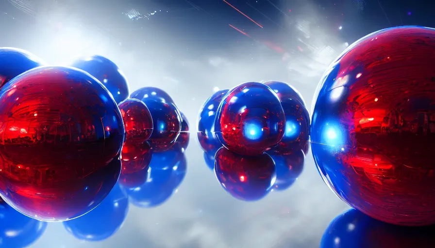 Image similar to metallic blue and red spheres, reflection, volumetric light, hyperdetailed, artstation, cgsociety, 8 k