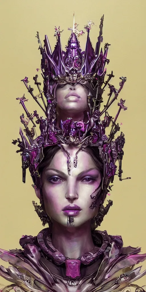 Prompt: female angel queen head wearing shiny pink crown, subtle purple accents, hyper details, black metal rococo, sculpted by Alex Alice, Craig Mullins, yoji shinkawa, trending on artstation, beautifully lit, Peter mohrbacher, hyper detailed, elite, elegant, luxury, ray of light through smoke, CGsociety, hypermaximalist, golden ratio, neofuture, volumetric, octane render, weta digital, micro details, 3d sculpture