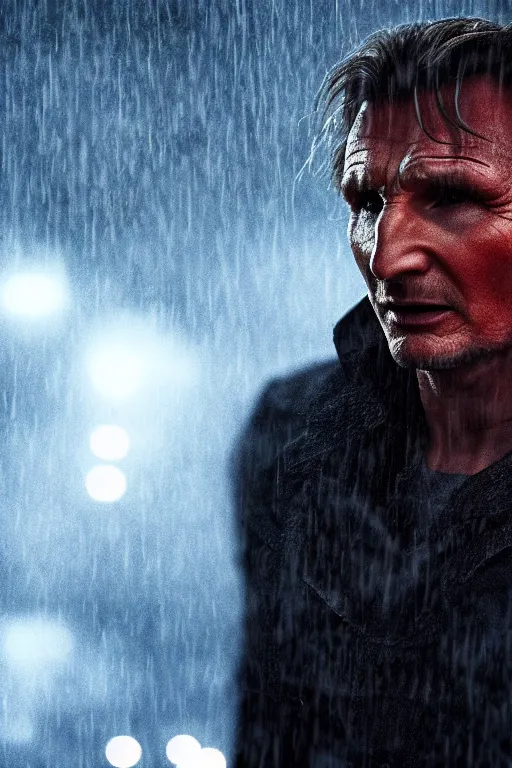 Image similar to cinematic of liam neeson as spiderman, dramatic rain, 8 k, moody lighting