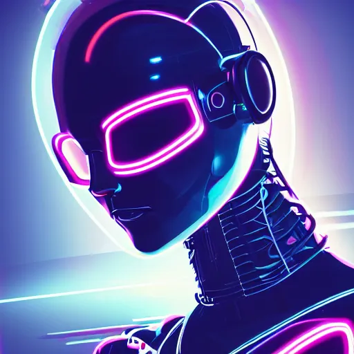 Prompt: a robot lady, clear vector, vectorial curves, sci-fi, close-up, cybernetic implant, neon, cyberpunk, center frame portrait, 2D, matte-painting