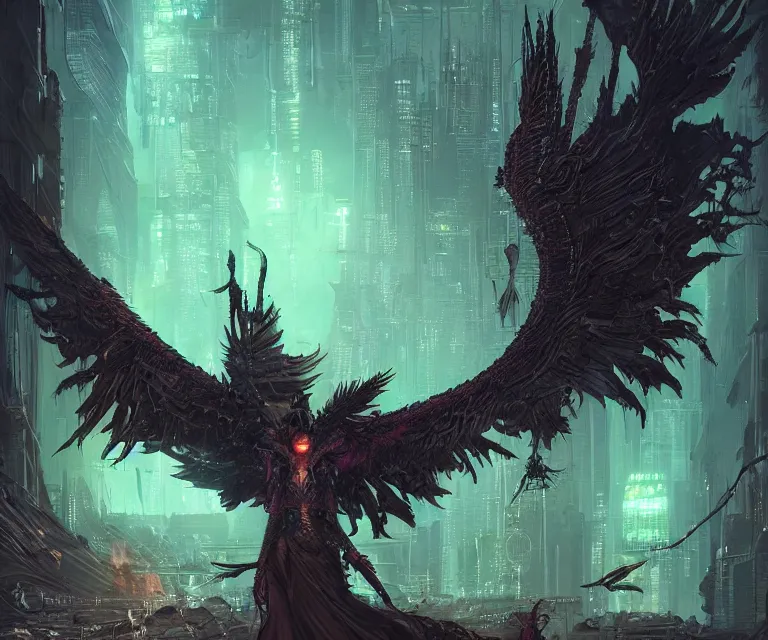 Image similar to a beautiful tarot card artwork of a cyberpunk fallen dark seraphim, horror, backlit, gloomy sky, highly detailed, digital painting, scales, by eddie mendoza and greg rutkowski and dan mumford and artgerm, vivid colors, masterpiece, detailed shading, 8 k resolution, intricate, smooth