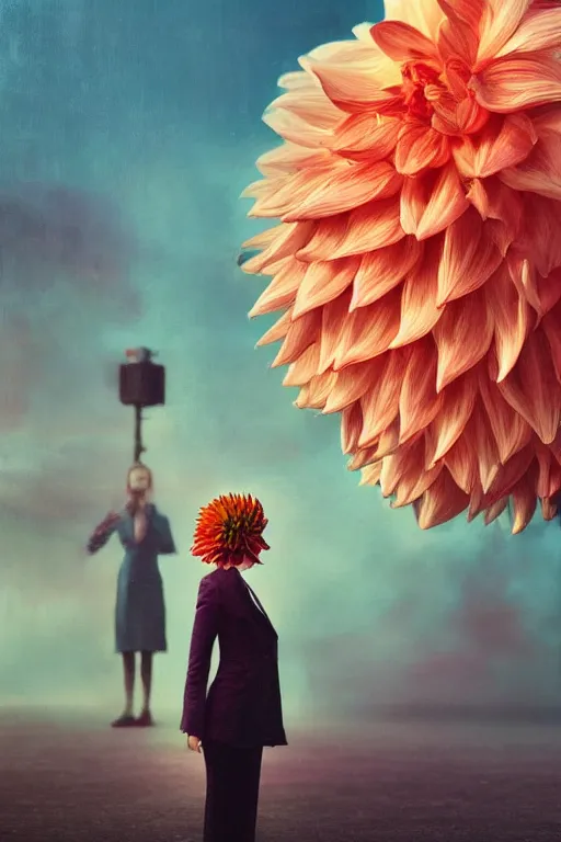 Image similar to closeup giant dahlia flower head, girl in a suit, standing in street, surreal photography, sunrise, dramatic light, impressionist painting, digital painting, artstation, simon stalenhag