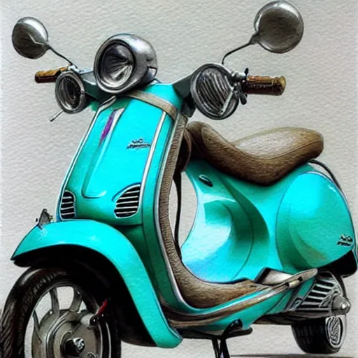 Prompt: a turquoise vespa moped, ultra realistic, concept art, intricate details, detailed, photorealistic, pencil and watercolor, art by artgerm and greg rutkowski