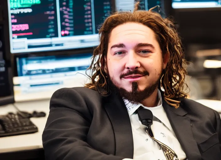 Image similar to dslr photo still of post malone as a stock broker, 8 k, 8 5 mm f 1 6