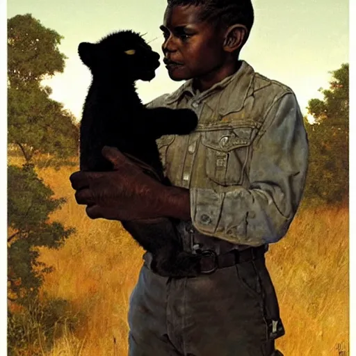 Prompt: A Black explorer holding a lion cub in his hands artwork by Norman Rockwell, artstation trending, cinematic lighting