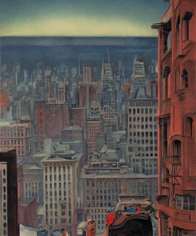 Image similar to horrifying full color photorealistic painting of the view from a 1 9 2 5 hotel terrace balcony overlooking a warped view of downtown boston in 1 9 2 5 with a cosmic sky, dark, atmospheric, brooding, smooth, finely detailed, cinematic, epic, in the style of paul carrick