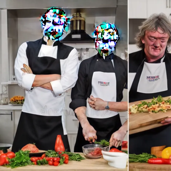 Prompt: vladimir putin and james may in white apron in kitchen cooking dinner. stock photo, photograph