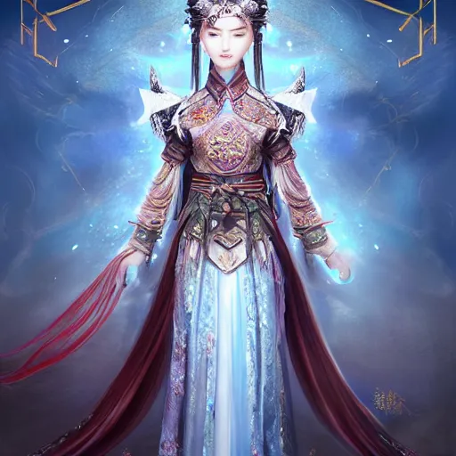 Image similar to beautiful ancient fantasy portrait of wuxia armor heroine, wearing Xian Xia wardrobe, in forbidden City, hybrid from Dynasty Warriror, flowers sea rainning everywhere, intricate, very very beautiful, elegant, highly detailed, digital painting, beautiful glowing galaxy eyes, human anatomy, hyperrealistic, soft light, dynamic, artbreeder, artstation, fantasy concept art, smooth, sharp focus, illustration, art by tian zi and alphonse mucha and WLOP