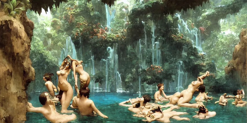 Image similar to a tropical cave that renovate as a luxury interior as a harem of beautiful women bathe in the waters and surround our protagonist by syd mead, frank frazetta, ken kelly, simon bisley, richard corben, william - adolphe bouguereau, detailed concept art