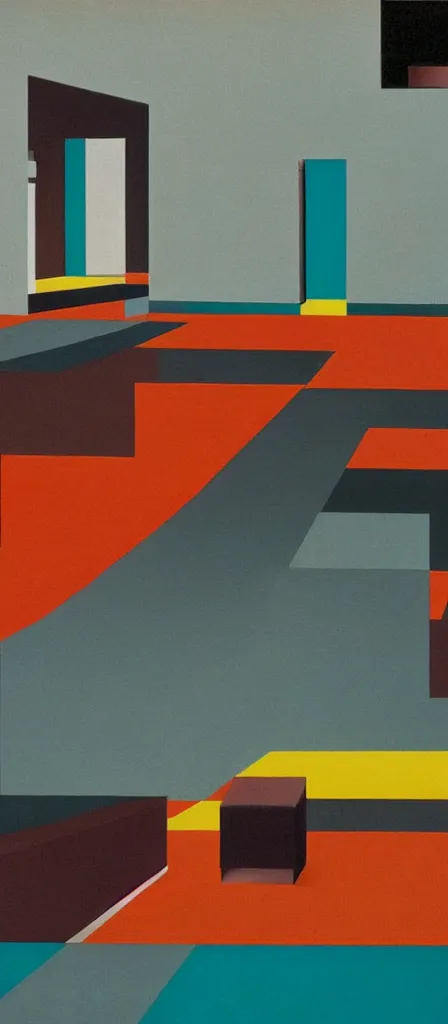 Image similar to colorful minimalist industrial interior bauhaus floors with monolithic pillars in the style of ridley scott and stanley kubrick, impossible stijl architecture, lone silhouette in the distance, ultra wide angle view, cinematic, god rays, volumetric lighting, realistic detailed painting by edward hopper