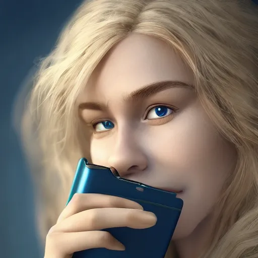 Image similar to close up of beautiful scandinavian female smiling holding xbox one s to face, stunning eyes, long blonde hair, disney pixar weta, hi - fructose, decadent highly - detailed digital painting, golden ratio, octane render, artstation, cinematic composition, smooth, sharp focus