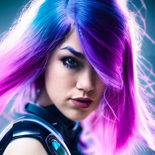 Image similar to a stunning high shutter speed action upper body portrait of a beautiful woman with a ombre purple pink hairstyle with hair flying wearing futuristic navy blue and teal battle bodyarmor and pauldrons by marvel comics, outrun, vaporware, action photography, highly detailed, fine detail, intricate, digital art, trending on artstation