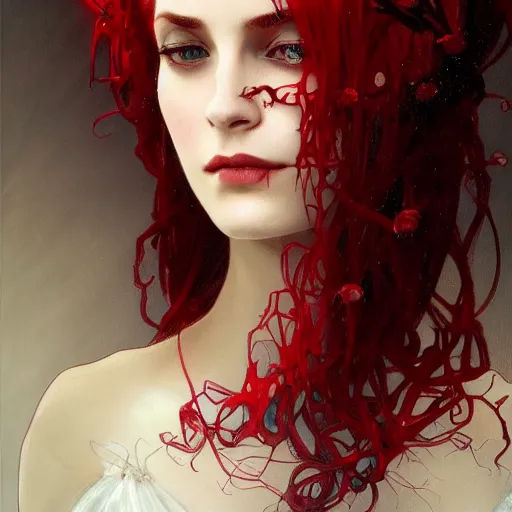 Prompt: portrait of beautiful vampire, rose thorn crown, thorns everywhere, headshot, pale skin, 4k, rule of thirds, extreme detail, detailed drawing, trending artstation, hd, fantasy, D&D, realistic lighting, by Alphonse Mucha, Greg Rutkowski, sharp focus, backlit, bright red hair