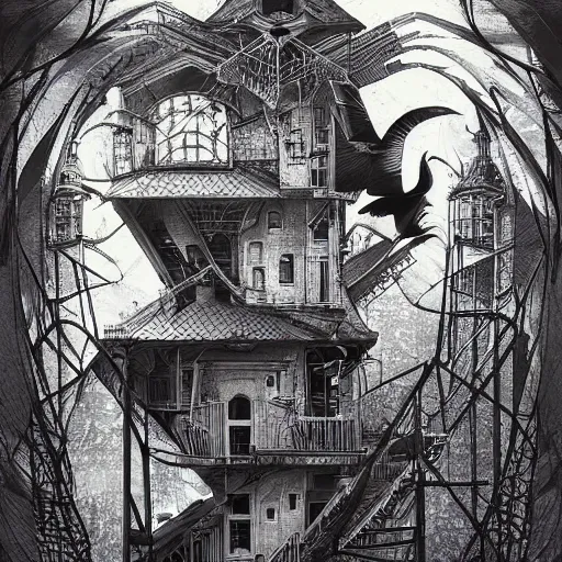 Image similar to crows at a architectural complex with an occult witch by Android Jones and M. C. Escher collaboration, futurist, digital art, dramatic lighting, symbolic