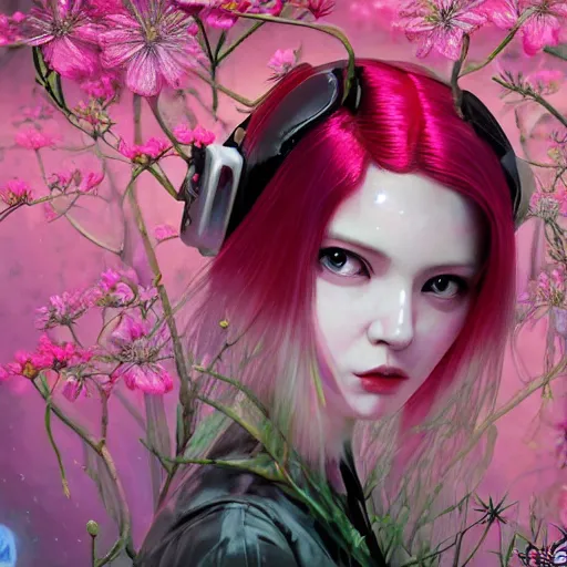 Prompt: a portrait of a woman with pink hair surrounded by flowers, cyberpunk art by otomo katsuhiro and mark ryden, cgsociety, computer art, circuitry, dystopian art, academic art insanely quality, highly detailed, masterpiece, red light, artstation, 4 k