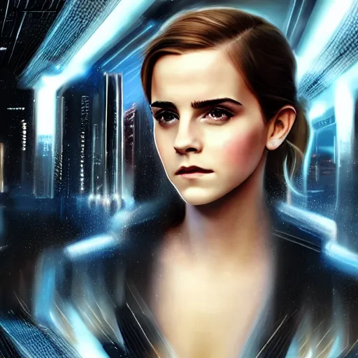 Prompt: Emma Watson, head and shoulders portrait, the background is a huge futuristic city, cyberpunk style futuristic neon lights, artstation cgsociety masterpiece highly-detailed