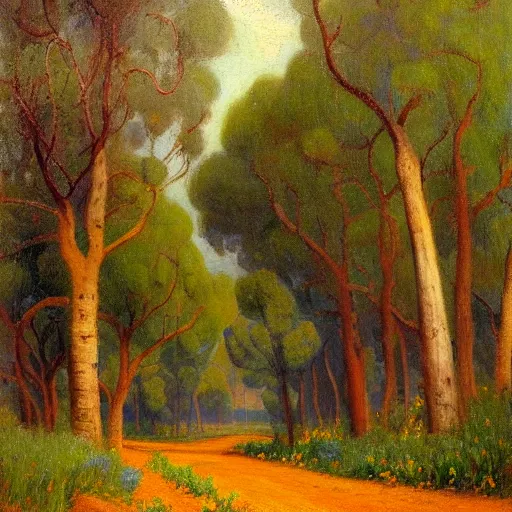 Image similar to a painting of a dirt road surrounded by eucalyptus trees and california golden poppies, woodland hill in the distance. an oil painting by Julian Onderdonk, green orange violet triadic color palette, featured on deviantart, australian tonalism, pre-raphaelite, impressionism, detailed painting