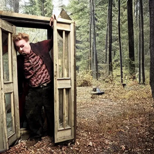 Prompt: locked in a cabin in the woods : a horror story come to life, this photo idea features a person locked in a cabin with a madman outside, trying to get in.