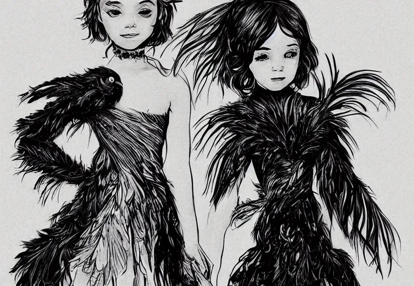 Prompt: beautiful little girl with a short black haircut wearing a dress made of black feathers, artwork in western comic art style, anatomically perfect