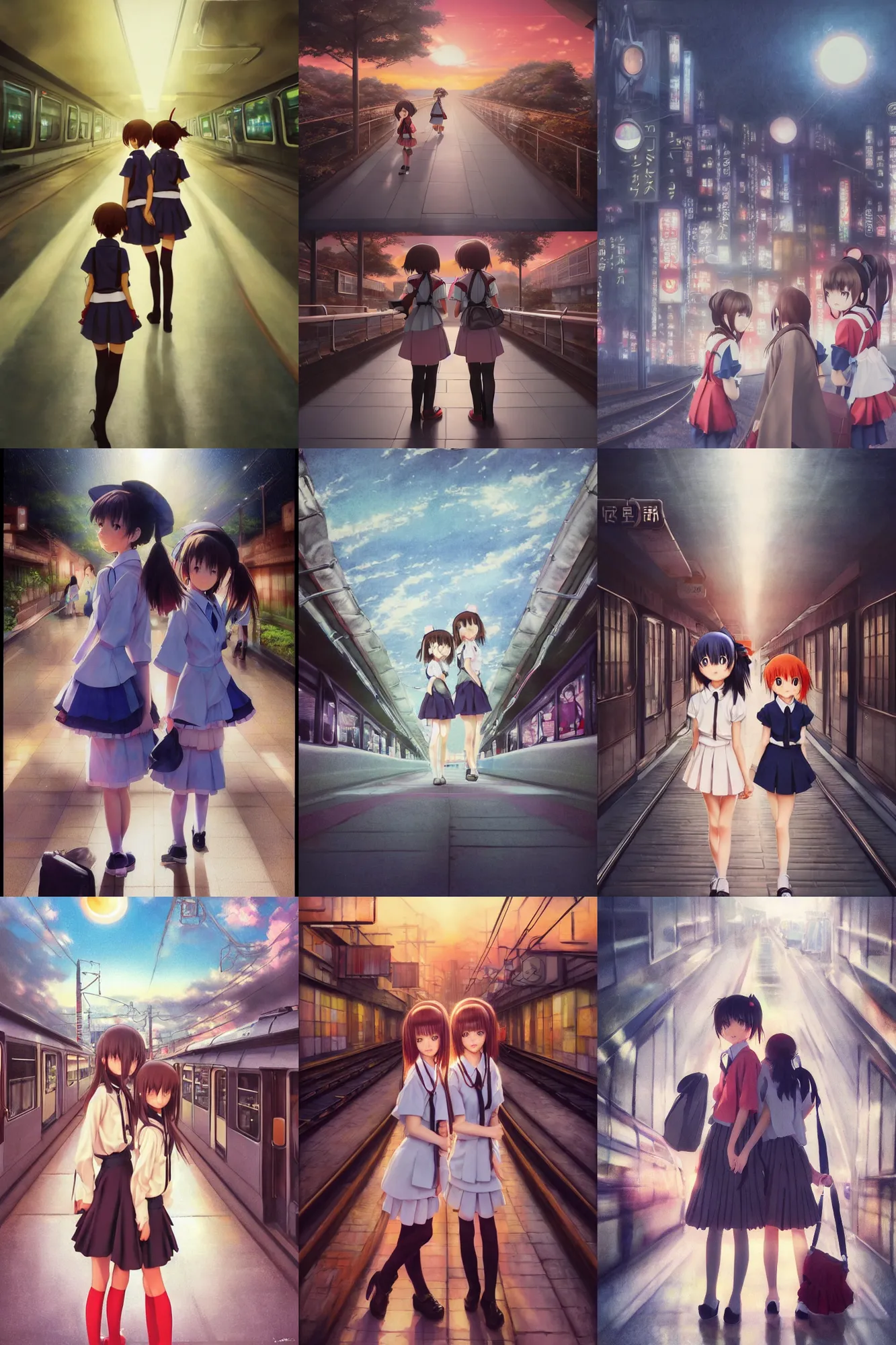 Prompt: Ultra realistic 3d picture, two cute anime schoolgirls pose with their faces on huge japanese subway at dark sunset. fantasy, elegant, dramatic light, trending on artstation, smooth, sharp focus, illustration, art by hiro kiyohara and hayao miyazaki oil brush painting, polaroid